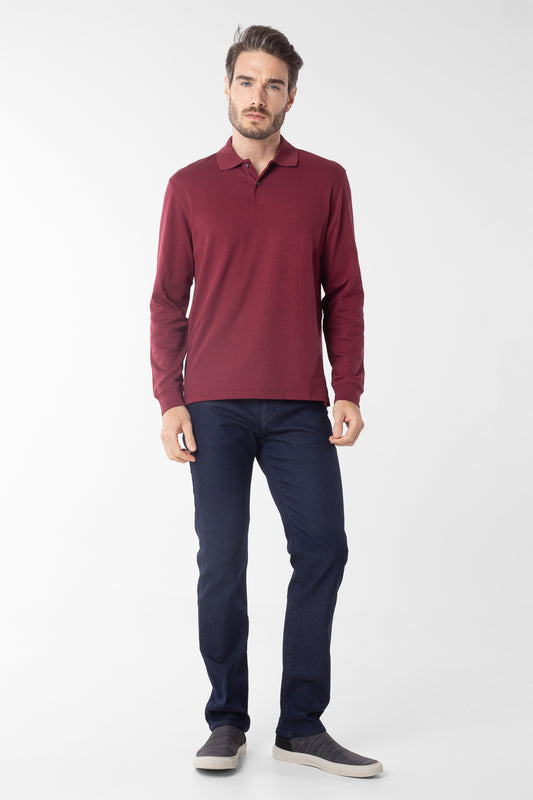 Polo Manga Longa Lisa com Stretch - Vinho