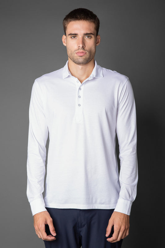 Polo Manga Longa Slim Pima 5 Botões Gola Camisa - Branco