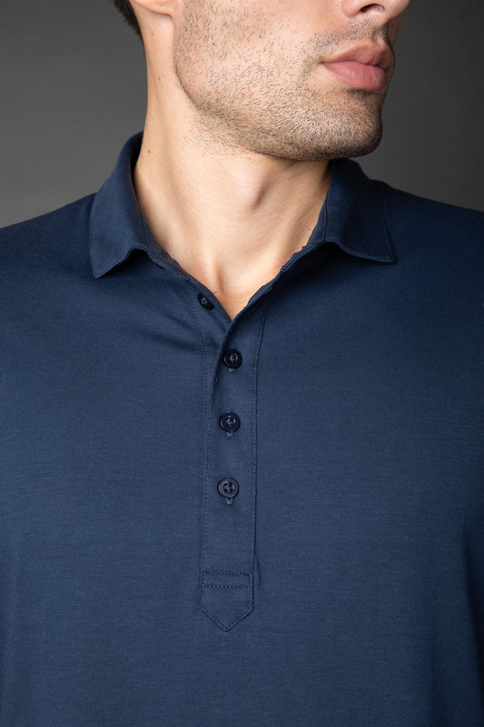 Polo Manga Longa Slim Pima 5 Botões Gola Camisa - Marinho