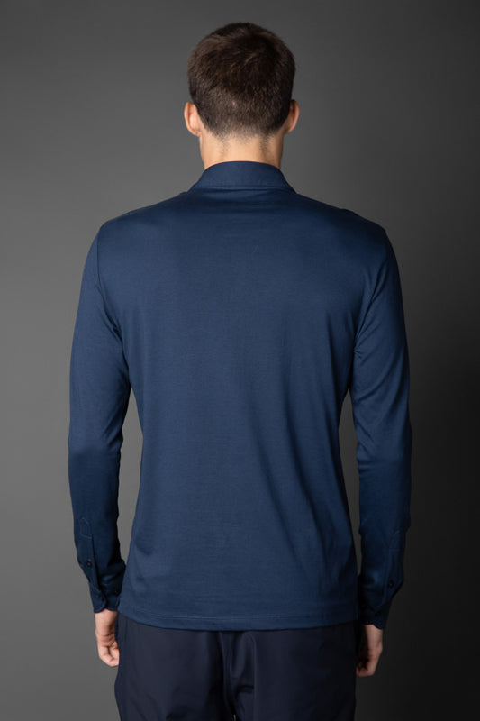 Polo Manga Longa Slim Pima 5 Botões Gola Camisa - Marinho