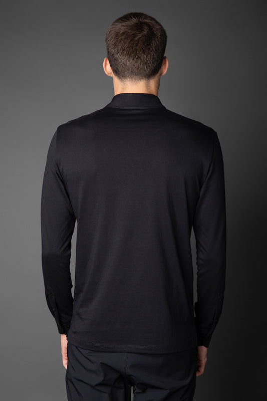 Polo Manga Longa Slim Pima 5 Botões Gola Camisa - Preto