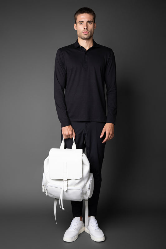 Polo Manga Longa Slim Pima 5 Botões Gola Camisa - Preto