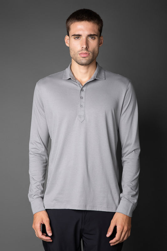 Polo Manga Longa Slim Pima 5 Botões Gola Camisa - Cinza