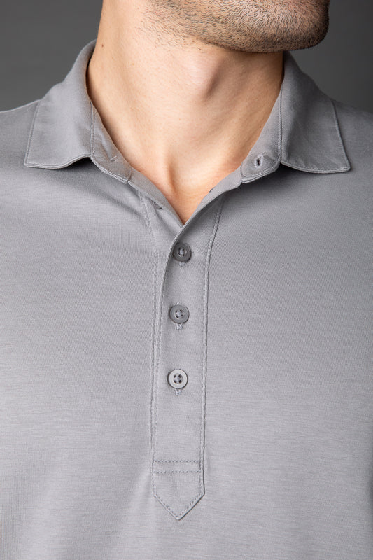 Polo Manga Longa Slim Pima 5 Botões Gola Camisa - Cinza