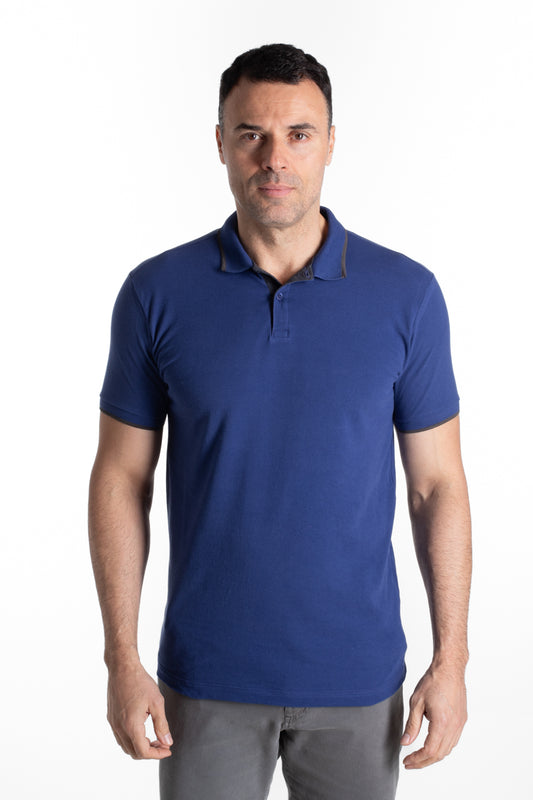 Polo Piquet Com Friso - Azul Escuro