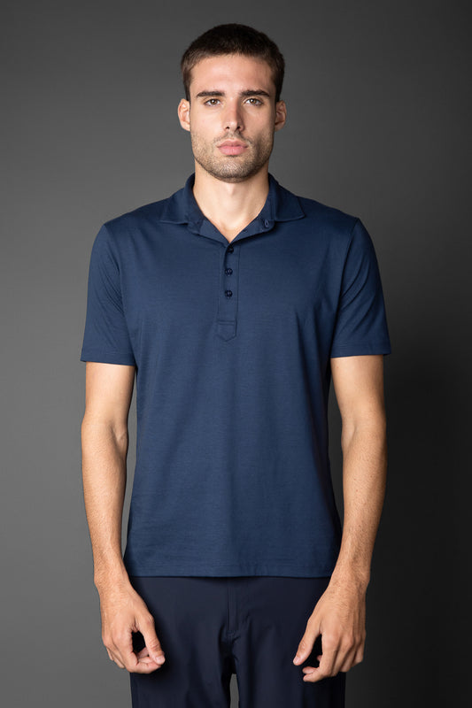 Polo Manga Curta Slim Pima 5 Botões Gola Camisa - Marinho