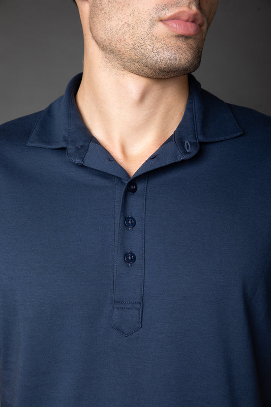 Polo Manga Curta Slim Pima 5 Botões Gola Camisa - Marinho
