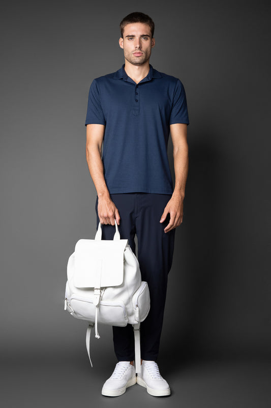Polo Manga Curta Slim Pima 5 Botões Gola Camisa - Marinho
