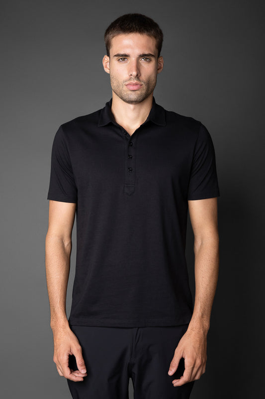 Polo Manga Curta Slim Pima 5 Botões Gola Camisa - Preto