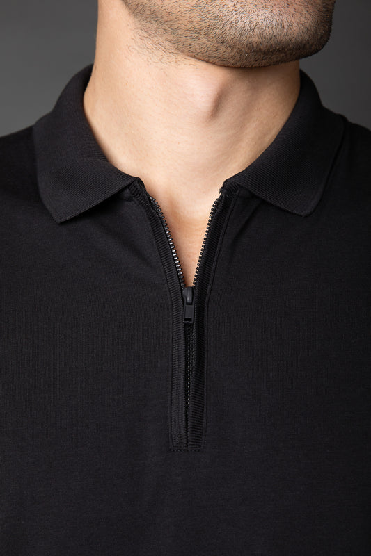 Polo Manga Curta Slim 1/2 Zíper Pima Tecnológica - Preto