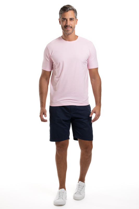 Camiseta Gola Careca Manga Curta Strech Lisa - Rosa Claro
