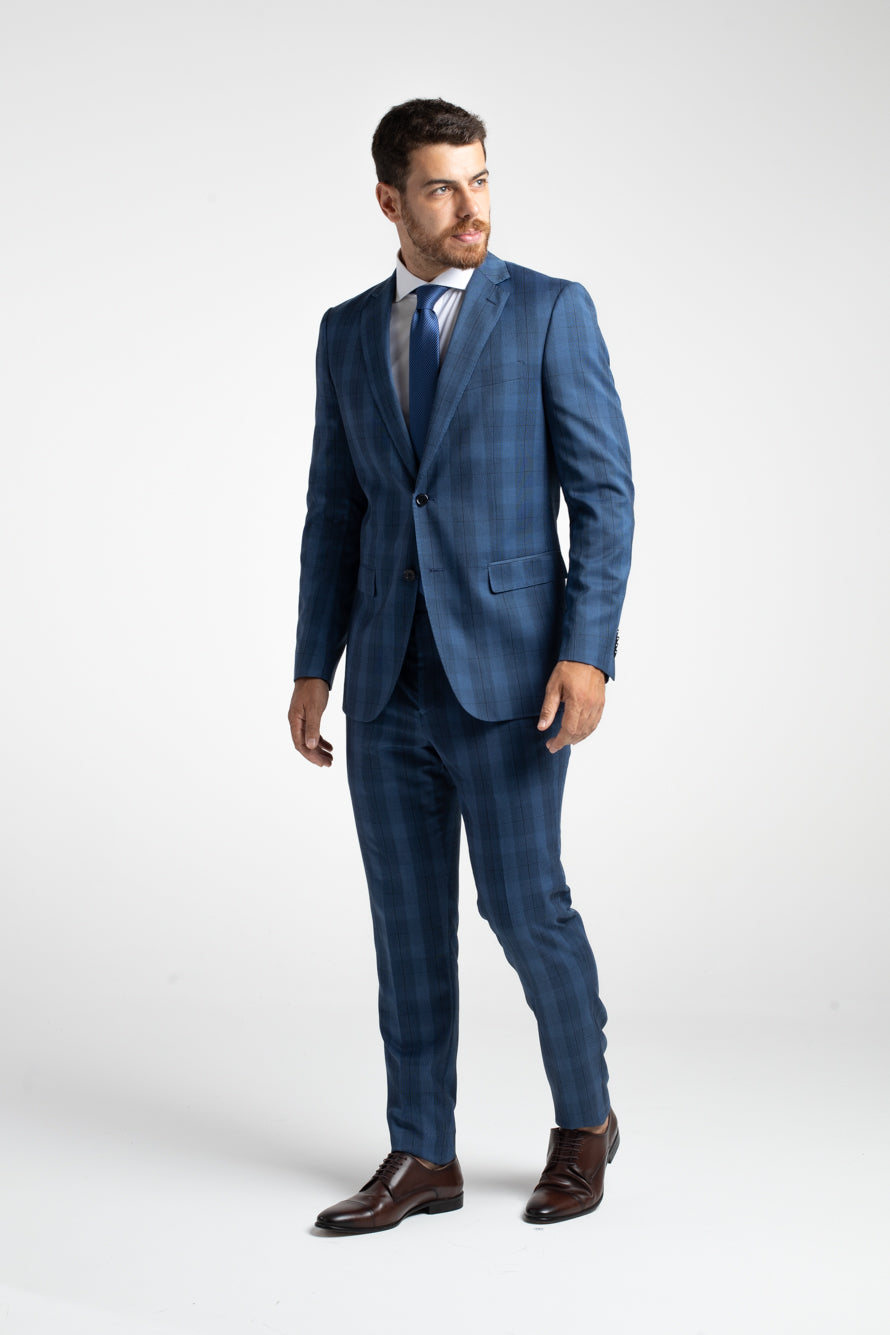 Terno 2 Botões Slim Xadrez Poliviscose - Azul Escuro