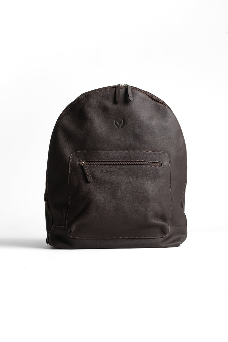 Mochila Couro Com Bolso Frontal Com Zíper - Cafe