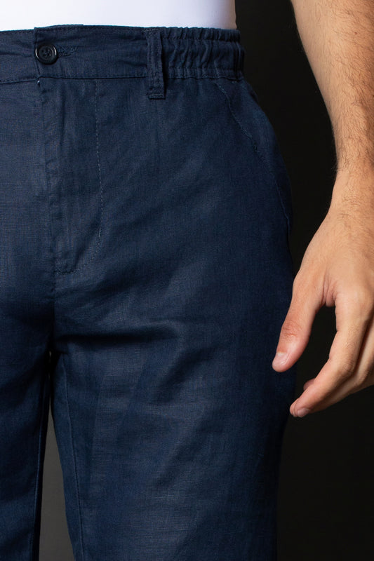 Bermuda Linho Slim Bolso Faca Com Cordão Interno - Marinho