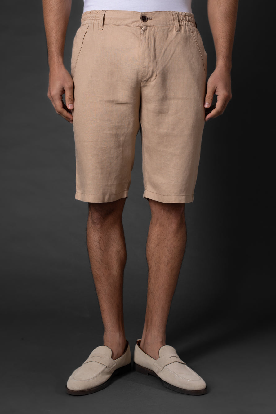 Bermuda Linho Slim Bolso Faca Com Cordão Interno - Bege