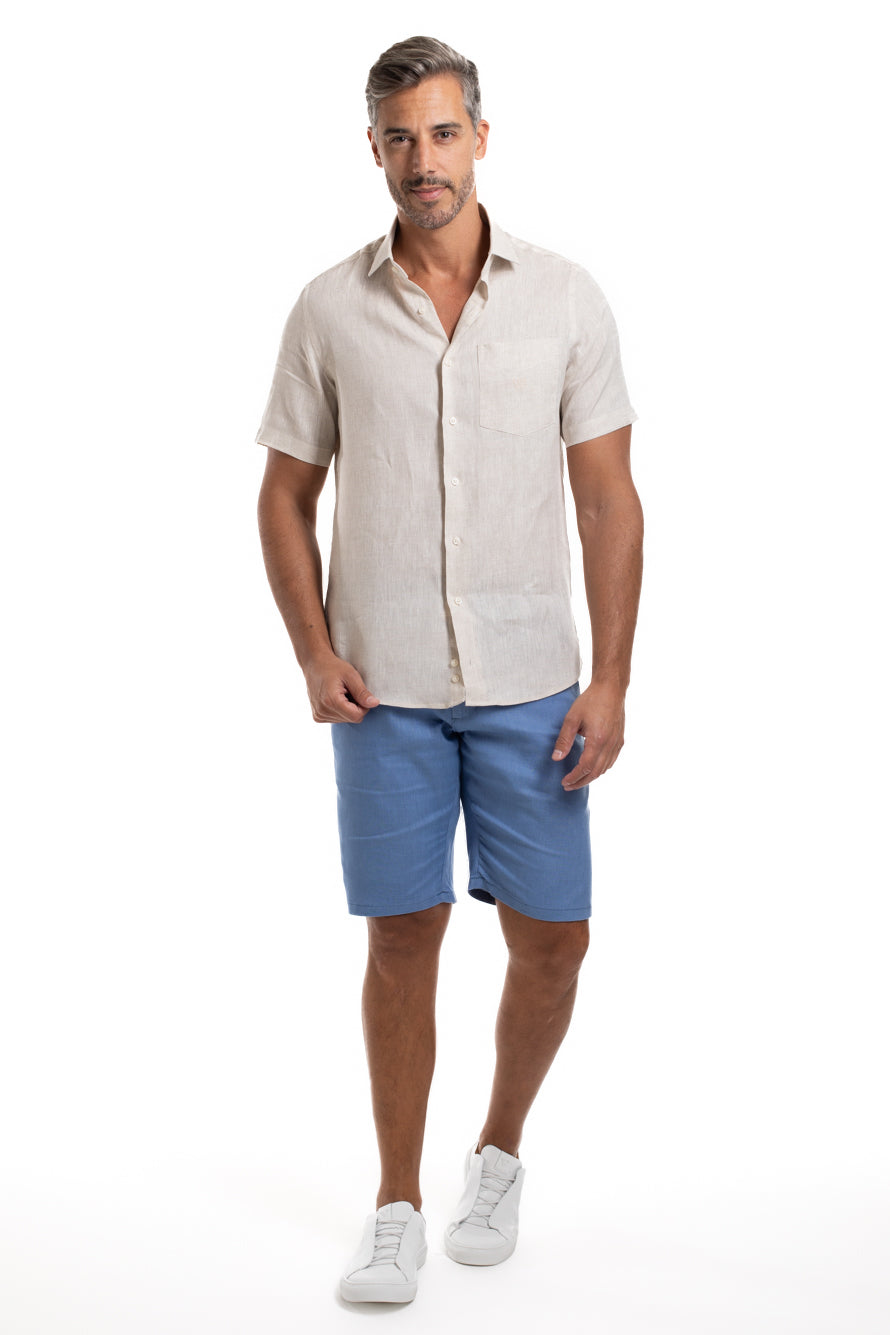 Bermuda Linho Bolso Faca Cós Elástico - Azul