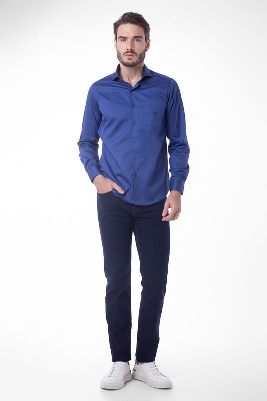 Camisa Manga Longa Cetim Lisa - Azul Bic