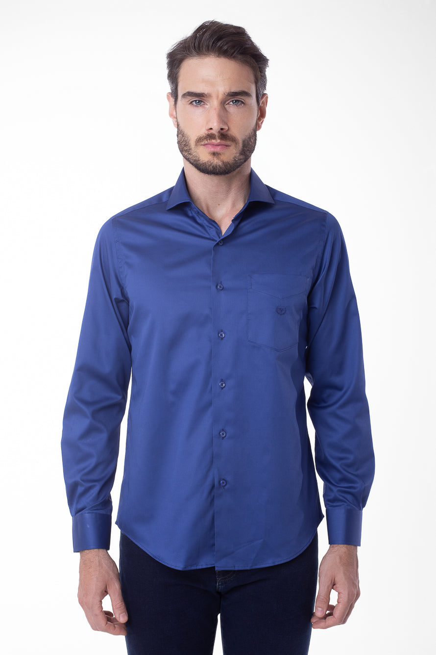 Camisa Manga Longa Cetim Lisa - Azul Bic
