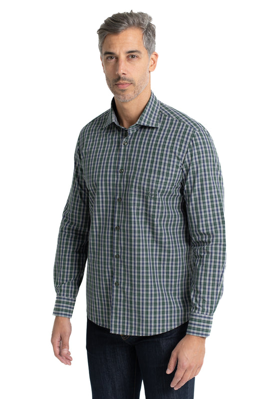Camisa Xadrez Colarinho Italiano Easy Iron - Verde