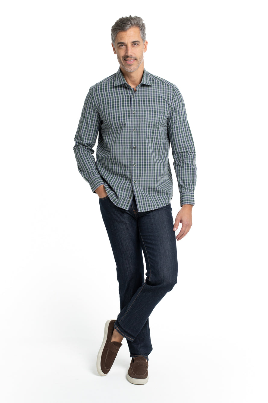 Camisa Xadrez Colarinho Italiano Easy Iron - Verde
