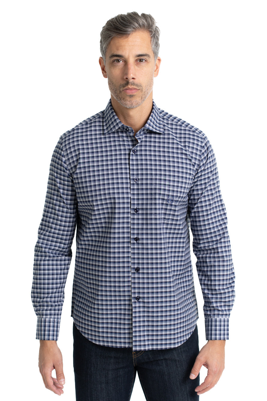 Camisa Xadrez Colarinho Italiano Easy Iron - Marinho