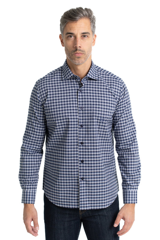 Camisa Xadrez Colarinho Italiano Easy Iron - Marinho