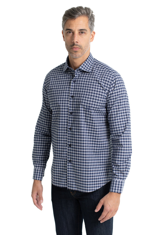 Camisa Xadrez Colarinho Italiano Easy Iron - Marinho