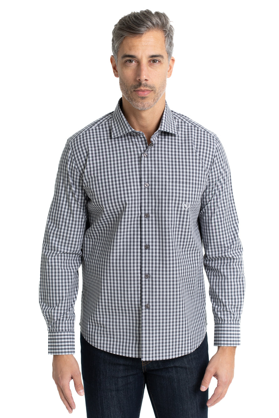 Camisa Xadrez Colarinho Italiano Easy Iron - Grafite