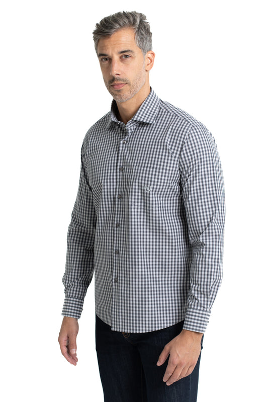 Camisa Xadrez Colarinho Italiano Easy Iron - Grafite