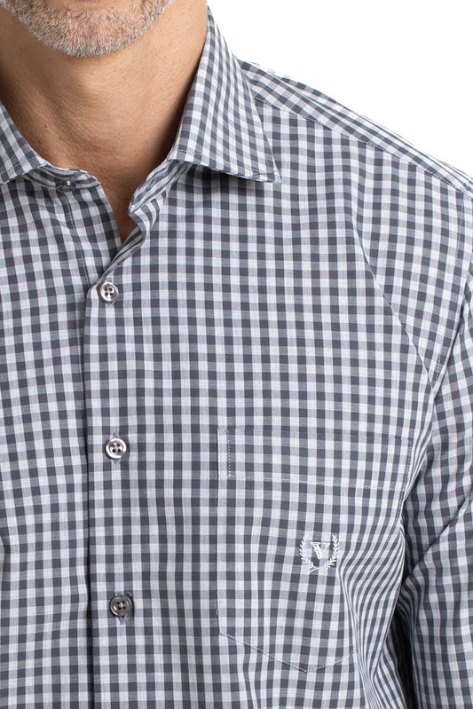 Camisa Xadrez Colarinho Italiano Easy Iron - Grafite