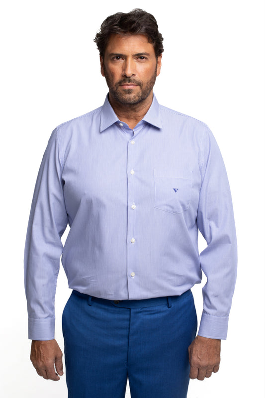 Camisa Regular Com Bolso Algodão Listrada - Azul Medio