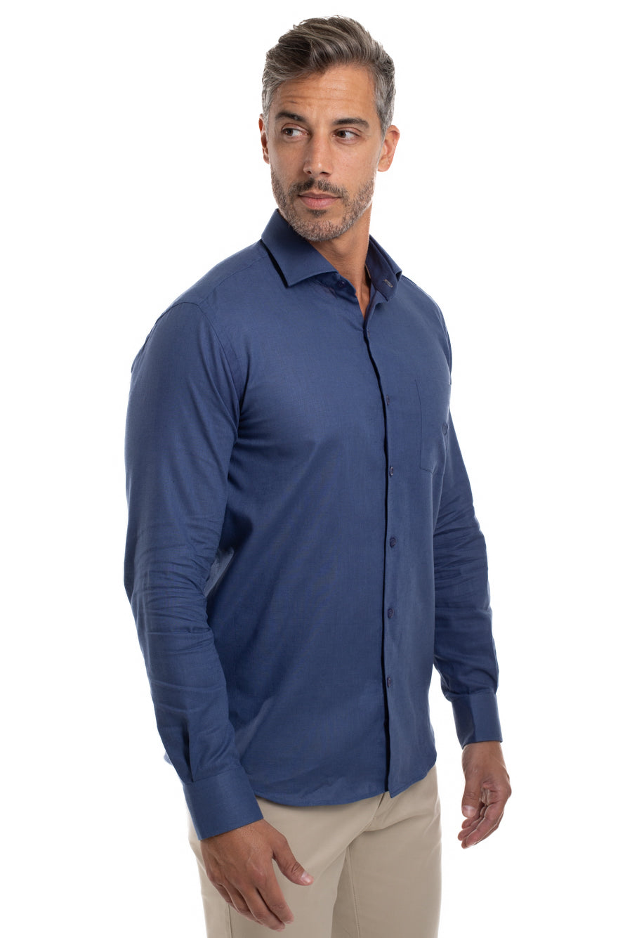 Camisa Slim Linho Algodão - Azul Escuro