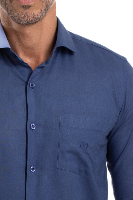 Camisa Slim Linho Algodão - Azul Escuro