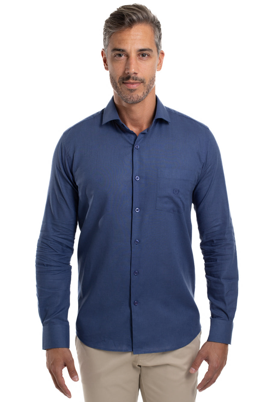 Camisa Slim Linho Algodão - Azul Escuro