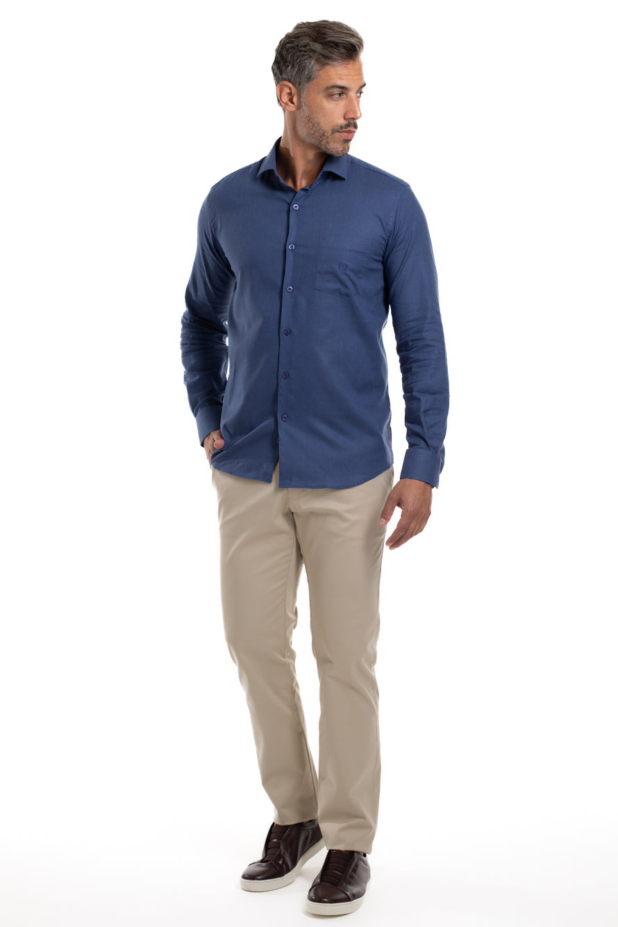 Camisa Slim Linho Algodão - Azul Escuro