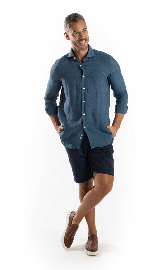 Camisa Manga Longa Linho - Azul Escuro