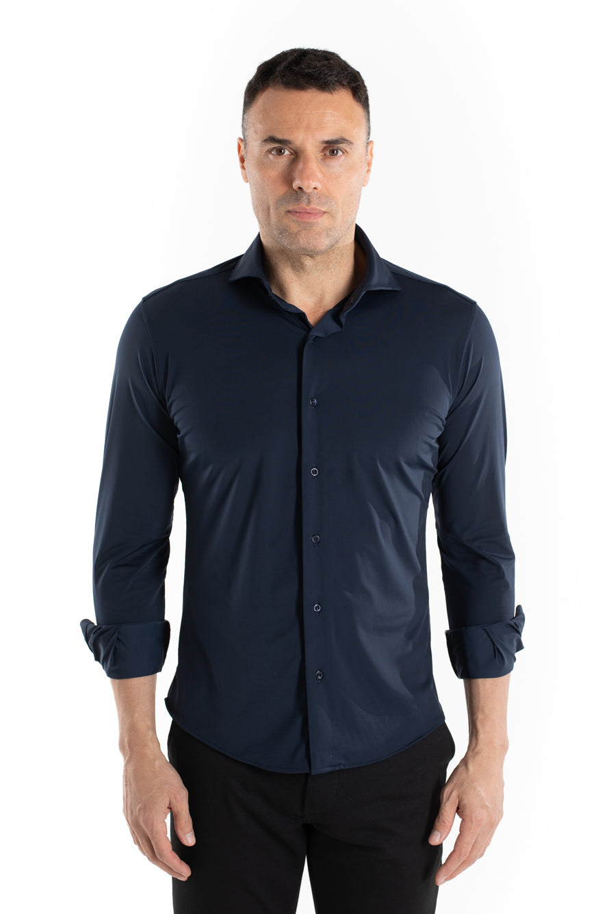 Camisa Manga Longa Slim Malha Poliamida - Marinho Noite