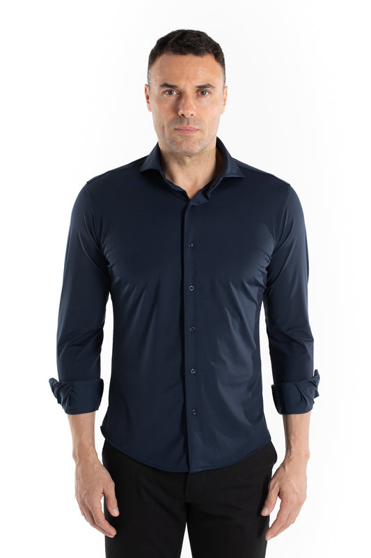 Camisa Manga Longa Slim Malha Poliamida - Marinho Noite