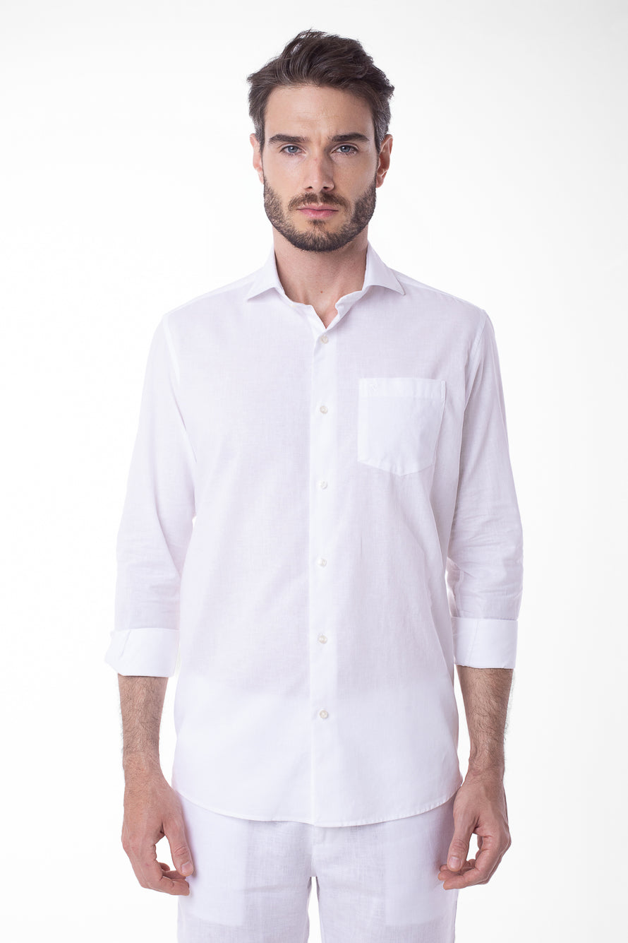 Camisa Manga Longa Linho Com Algodão - Branco