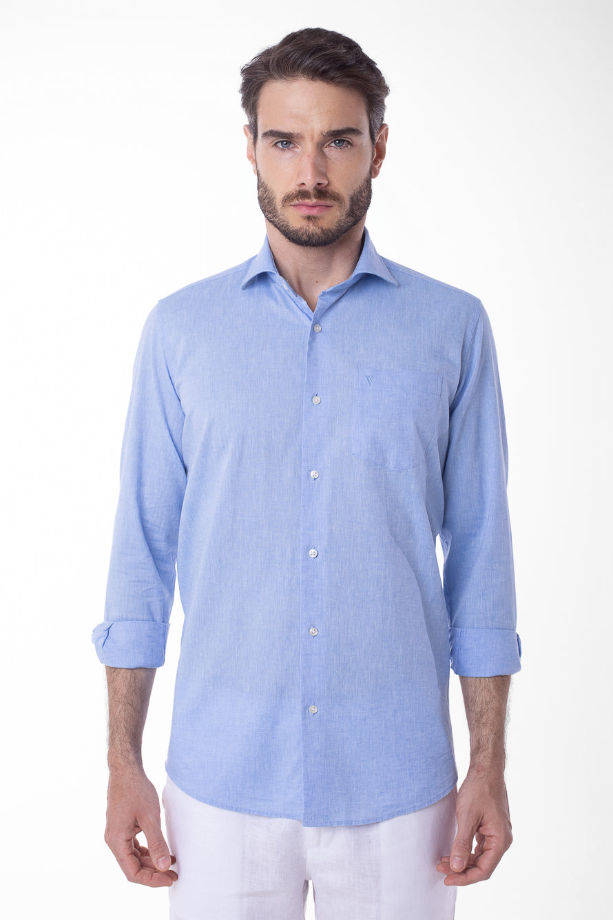 Camisa Manga Longa Linho Com Algodão - Azul.