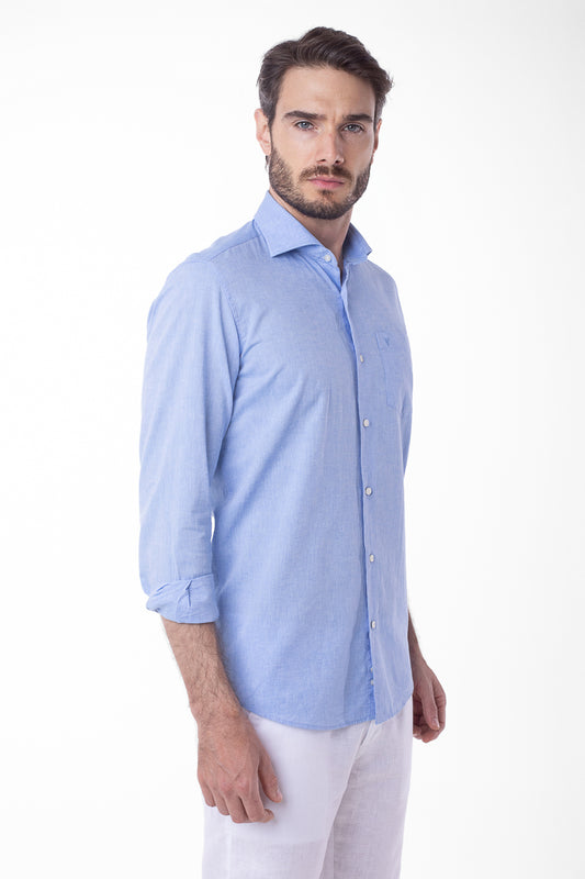 Camisa Manga Longa Linho Com Algodão - Azul.
