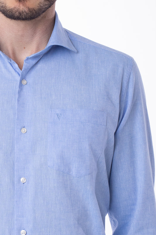 Camisa Manga Longa Linho Com Algodão - Azul.