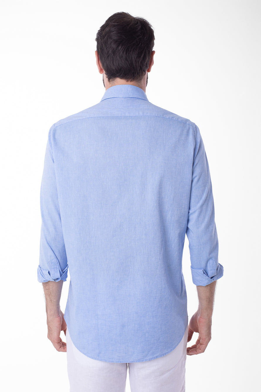 Camisa Manga Longa Linho Com Algodão - Azul.