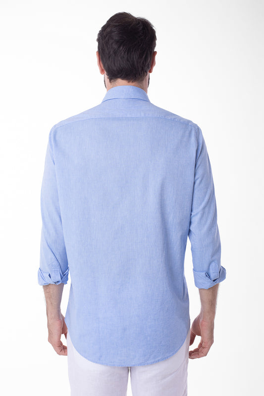 Camisa Manga Longa Linho Com Algodão - Azul.