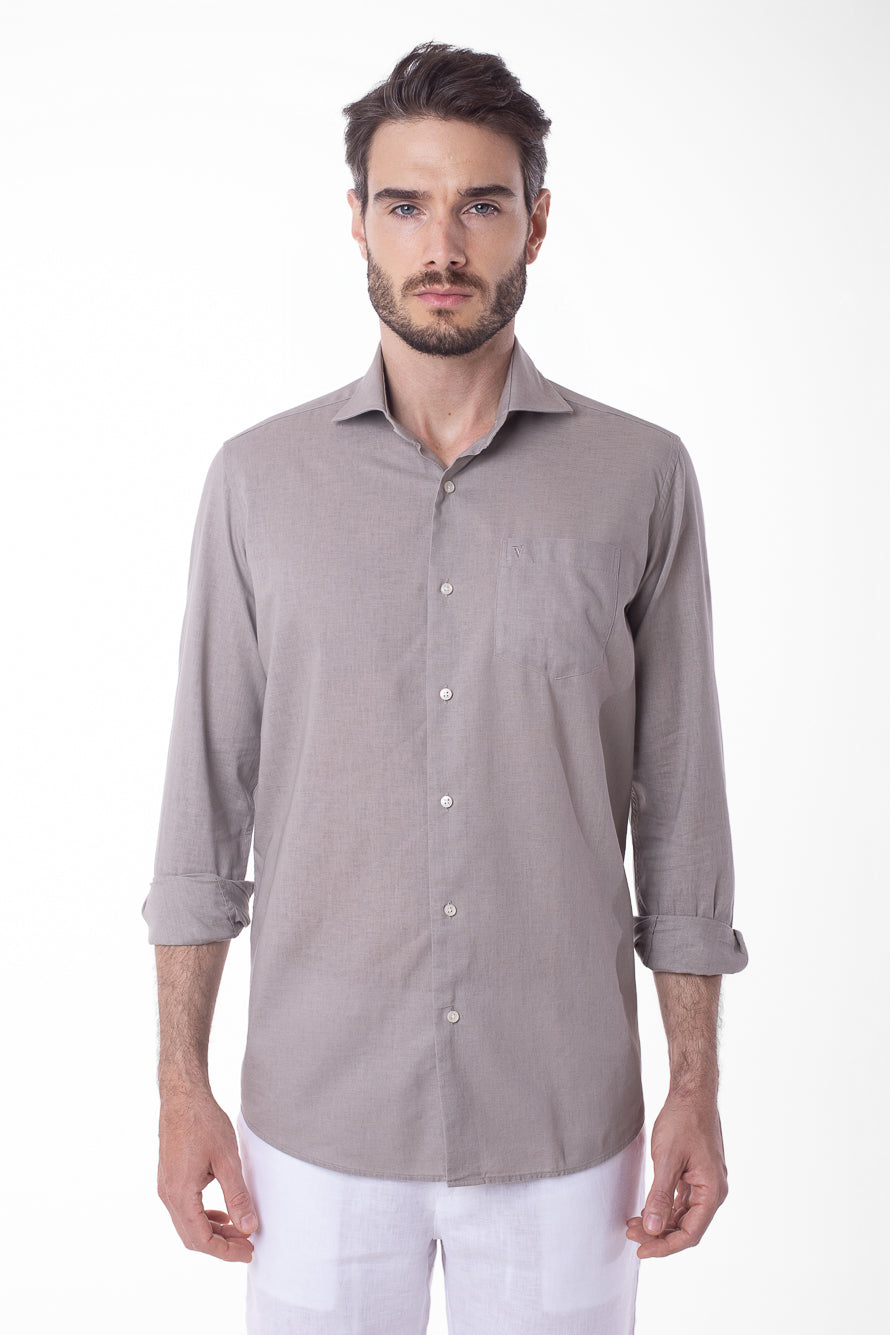 Camisa Manga Longa Linho Com Algodão - Khaki