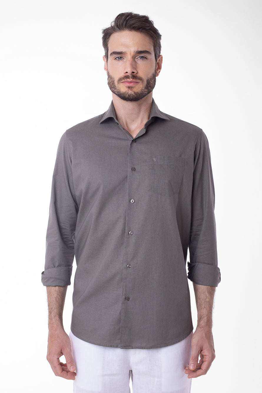 Camisa Manga Longa Linho Com Algodão - Verde Musgo