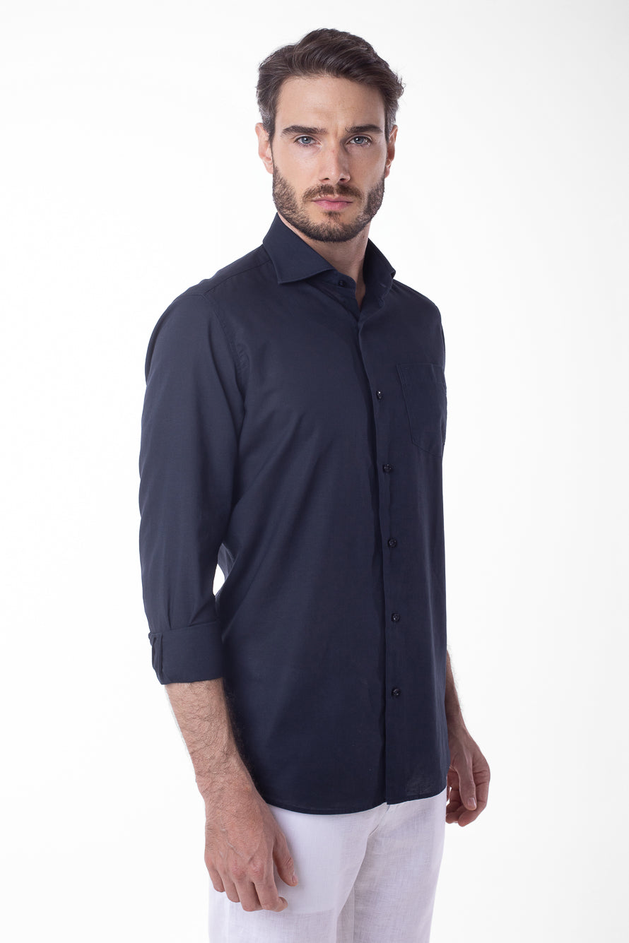 Camisa Manga Longa Linho Com Algodão - Marinho Noite