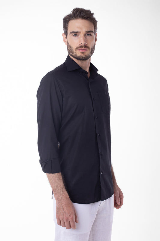 Camisa Manga Longa Linho Com Algodão - Preto