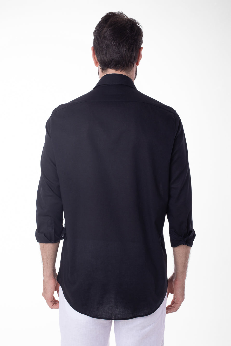 Camisa Manga Longa Linho Com Algodão - Preto