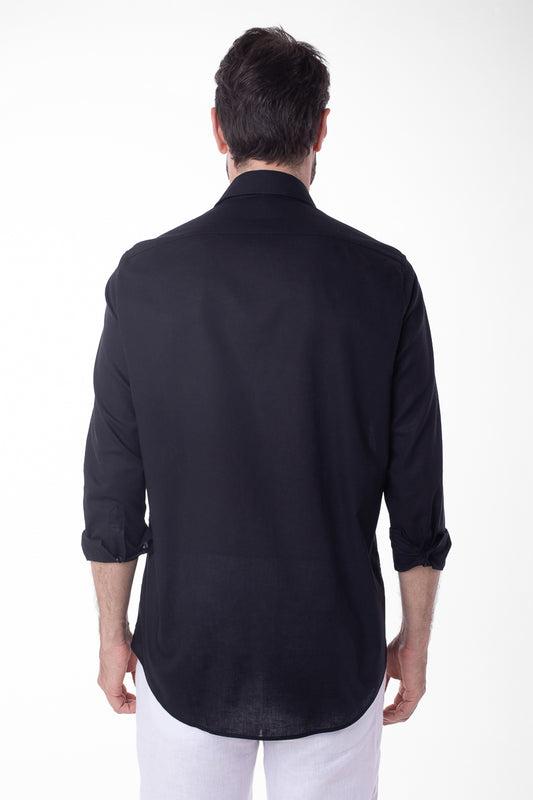 Camisa Manga Longa Linho Com Algodão - Preto